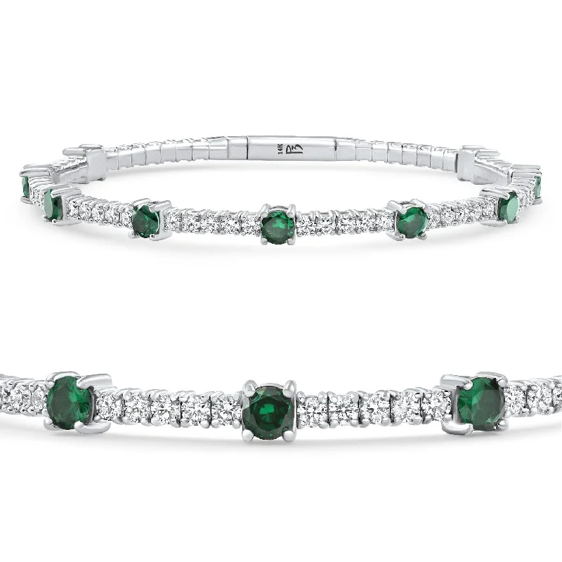 5Ct Emerald & Diamond Diamond Tennis Flexi Bangle Bracelet White Gold Lab Grown