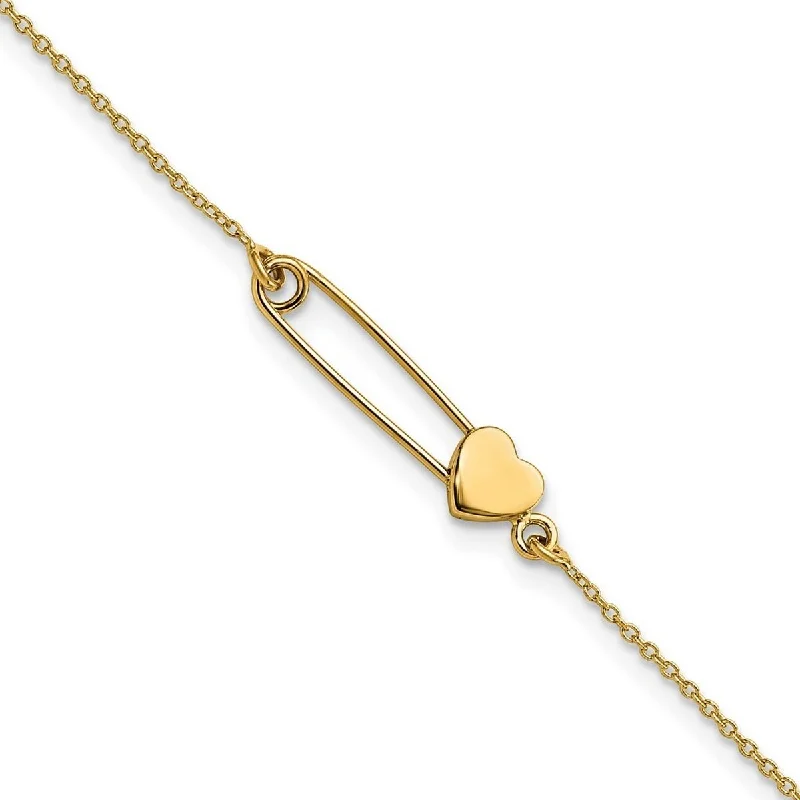 Curata 14k Gold Safety Pin With Love Heart Bracelet 7 Inch