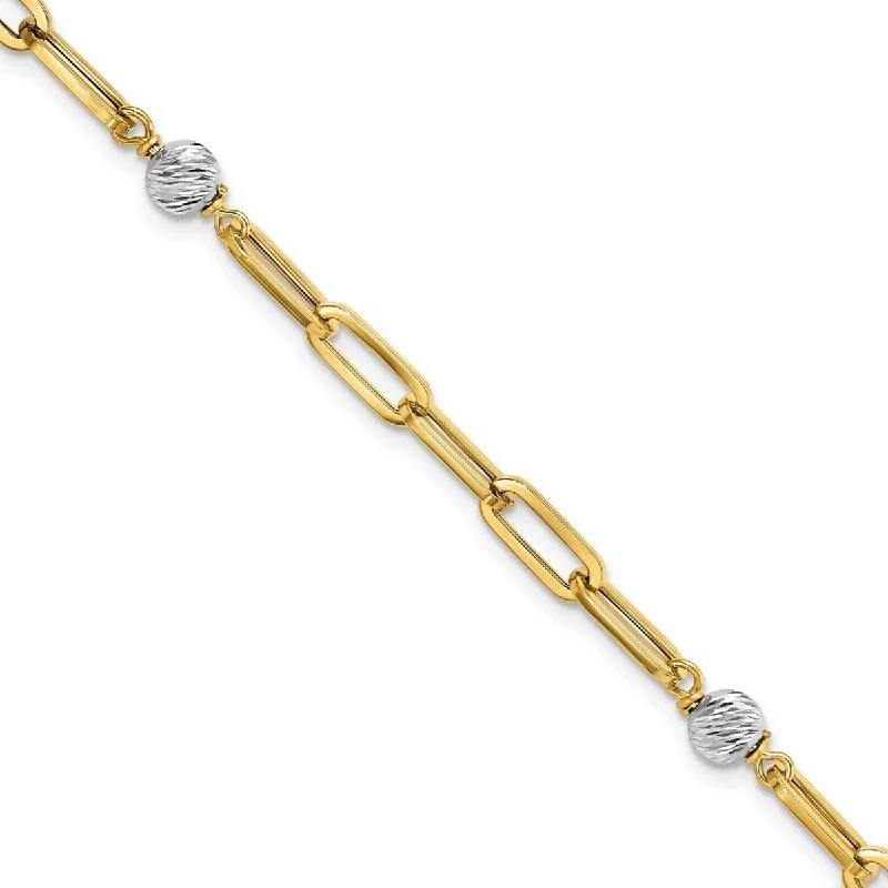 Curata 14k Two tone Gold Polished Sparkle Cut Beads and Fancy Link Bracelet 7.5 Inch