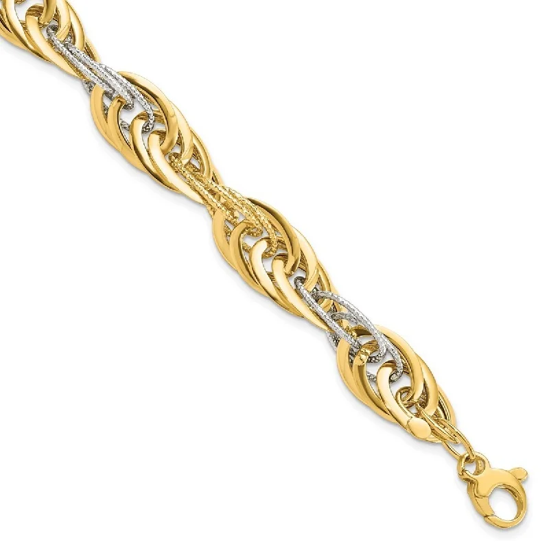 Curata 14k Two Tone Gold Polished Sparkle Cut Fancy Link Bracelet 8 Inch