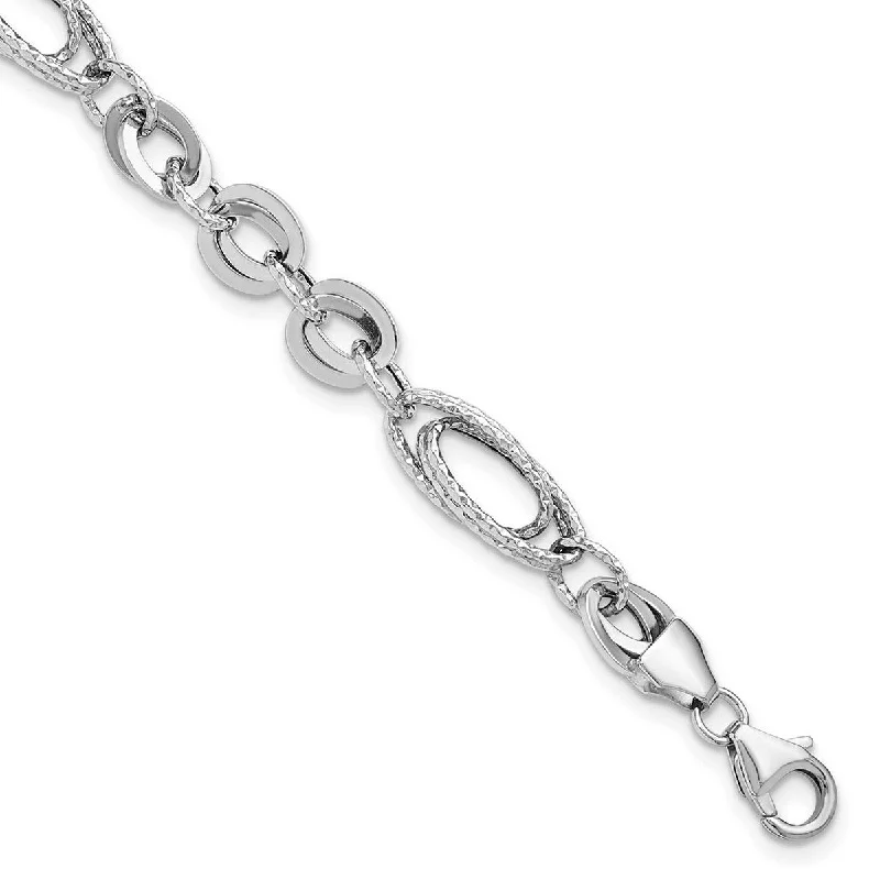 Curata 14k White Polished and Textured Oval Fancy Link Bracelet 7.75 Inch