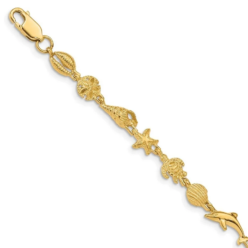 Curata 14k Yellow Gold Open back Lobster Claw Closure Polished and Textured Sealife Bracelet 7.25 Inch