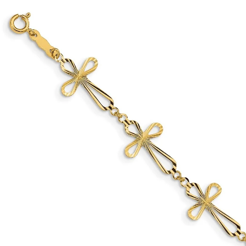 Curata 14k Yellow Gold Polished Spring Ring Sparkle Cut Open Religious Faith Cross Bracelet 7.5 Inch