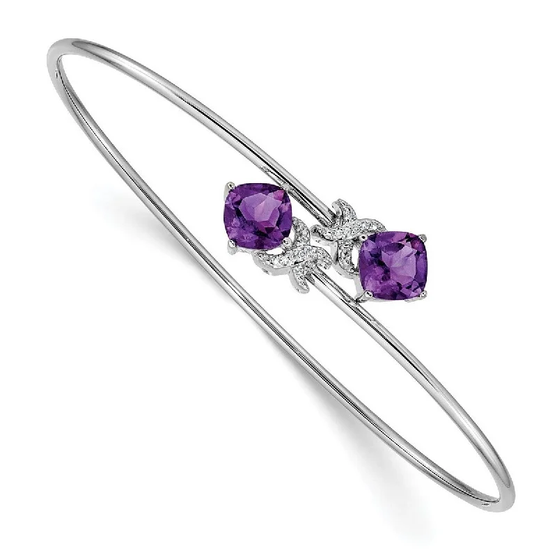 Curata 7mm 14k White Gold 0.03ct Diamond and 2.2ct Amethyst Flexible Cuff Stackable Bangle Bracelet