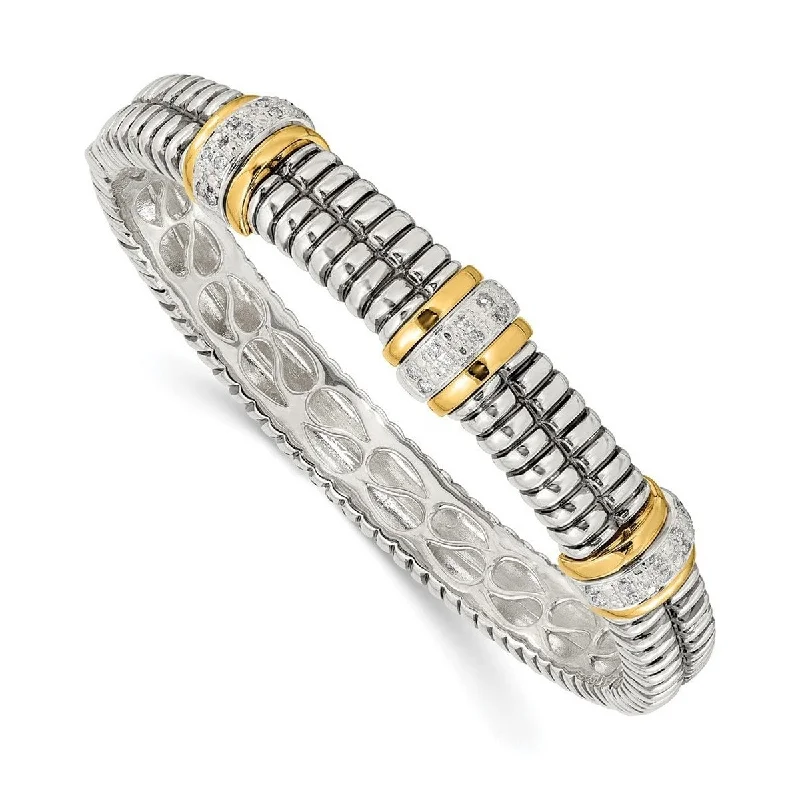 Curata 925 Sterling Silver Hinged Polished Prong set Hidden catch and 14k Yellow Diamond Cuff Stackable Bangle Bracelet