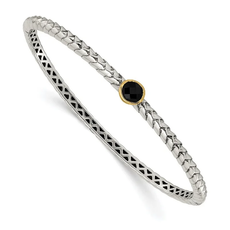 Curata 925 Sterling Silver Hinged Polished With 14k 6mm Simulated Onyx Cuff Stackable Bangle Bracelet