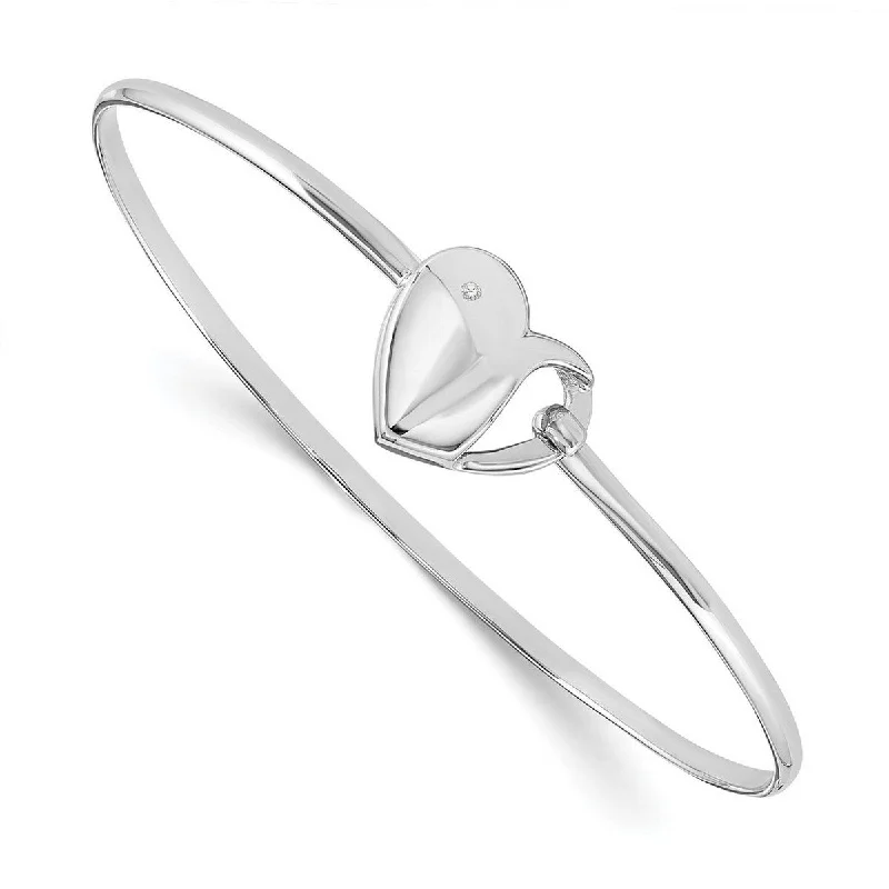 Curata 925 Sterling Silver Polished Hook clasp White Ice .01ct. Diamond Love Heart Cuff Stackable Bangle Bracelet