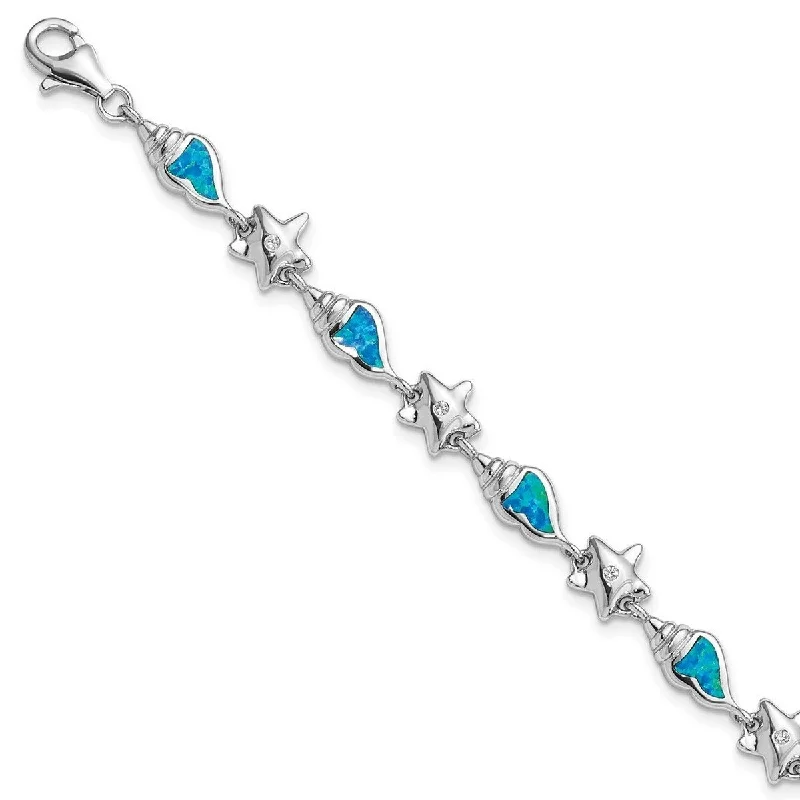 Curata 925 Sterling Silver Polished Lobster Claw Closure Starfish With CZ and Created Blue Simulated Opal Seashell 7.25 Bracelet