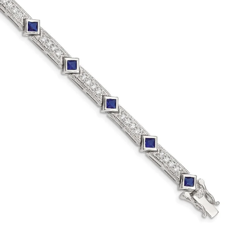 Curata 925 Sterling Silver Polished Open back Safety bar Box Catch Closure Blue and Clear CZ Cubic Zirconia Simulated Diamond