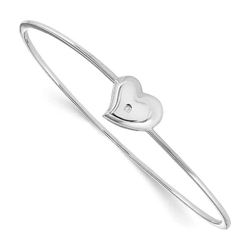 Curata 925 Sterling Silver Slip on Polished and satin White Ice Diamond Love Heart Pendant Necklace Cuff Stackable Bangle