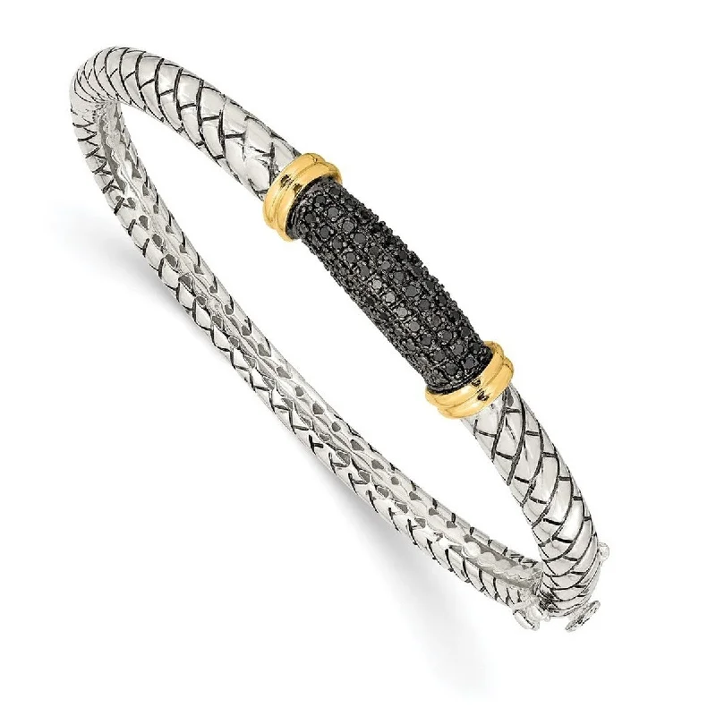 Curata 925 Sterling Silver Textured Polished With 14k Black Diamond Cuff Stackable Bangle Bracelet