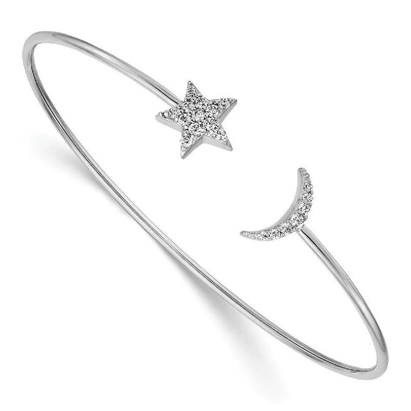 Curata 9mm 14k White Gold Diamond Celestial Moon and Star Flexible Cuff Stackable Bangle Bracelet