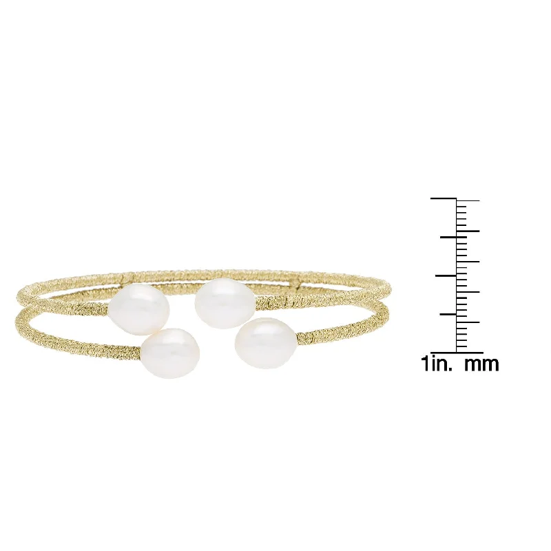 DaVonna Gold Thread and White Freshwater Pearl 2-row Bangle Bracelet