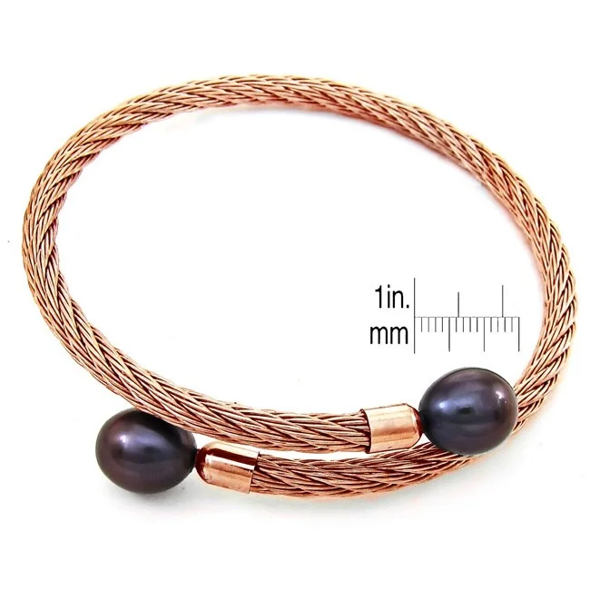 DaVonna Rose Stainless Steel 9-10mm Black Long Shape Pearl Expandable Bangle Bracelet