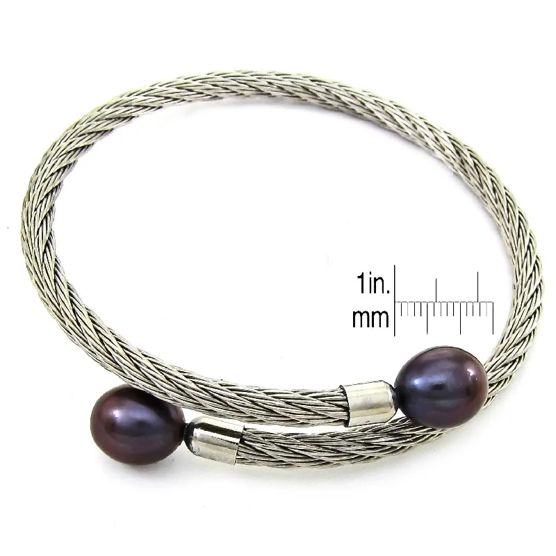 DaVonna Stainless Steel 9-10mm Black Long Shape Pearl Expandable Bangle Bracelet