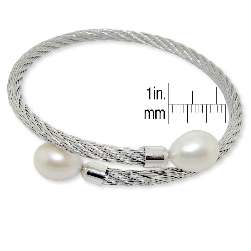 DaVonna Stainless Steel 9-10mm White Long Shape Pearl Expandable Bangle Bracelet.