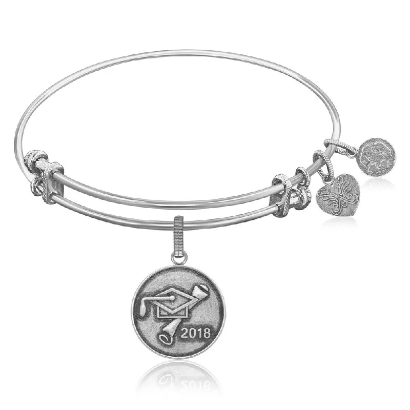 Expandable Bangle in White Tone Brass with Class Of 2018 Graduation Cap Symbol