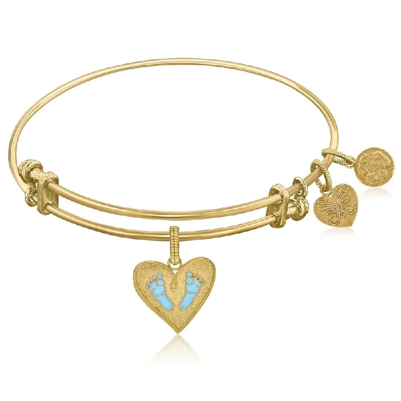 Expandable Yellow Tone Brass Bangle with Blue Enamel Baby Foot Print Symbol