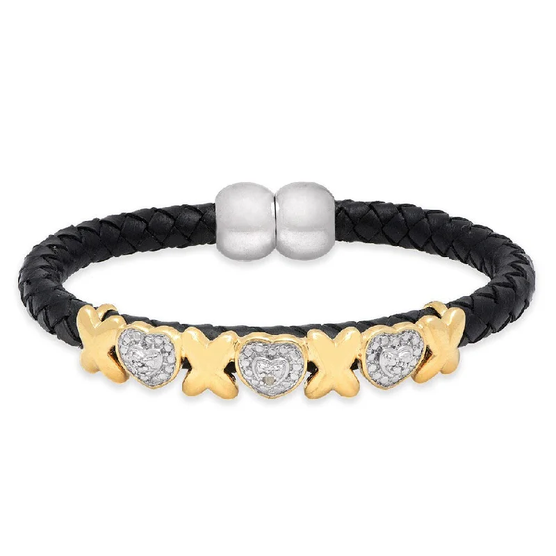 Finesque Diamond Accent Black Cord Heart XO Design Bracelet