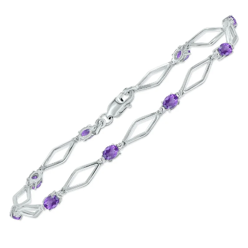 Marquee Amethyst and Natural Diamond Star Link Bracelet in .925 Sterling Silver