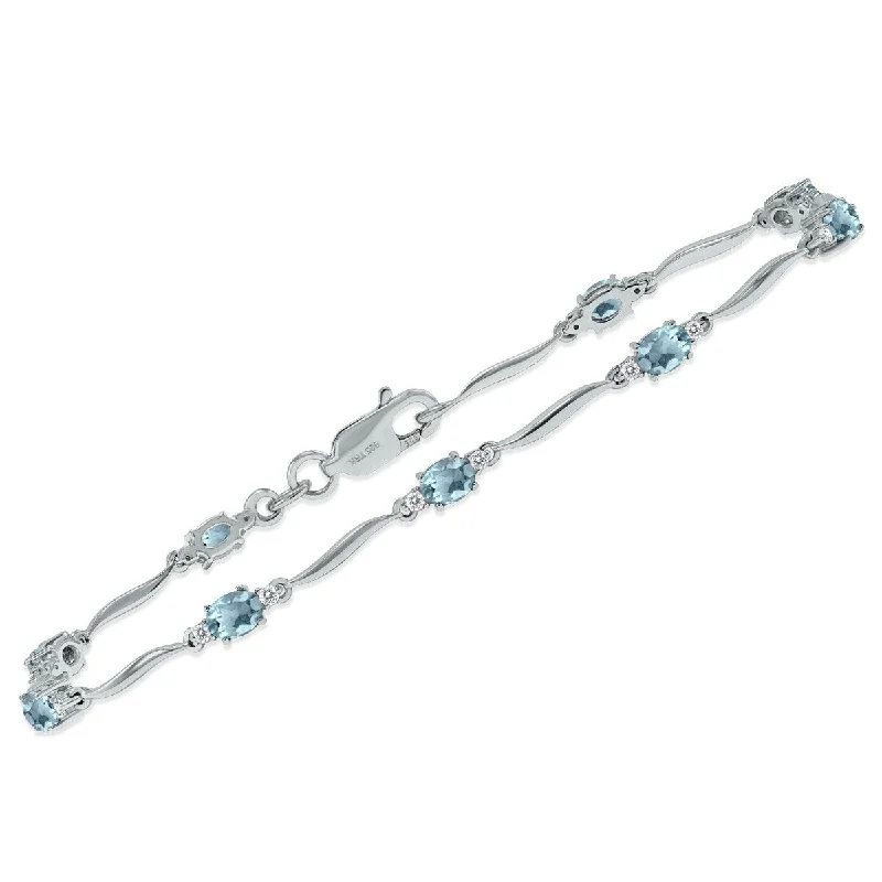 Marquee Aquamarine and Diamond Wave Link Bracelet in .925 Sterling Silver