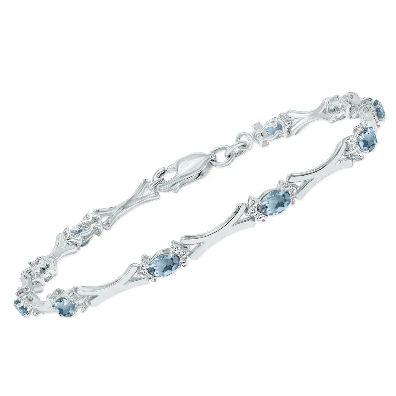 Marquee Aquamarine and Natural Diamond Sculpted X Link Bracelet in .925 Sterling Silver