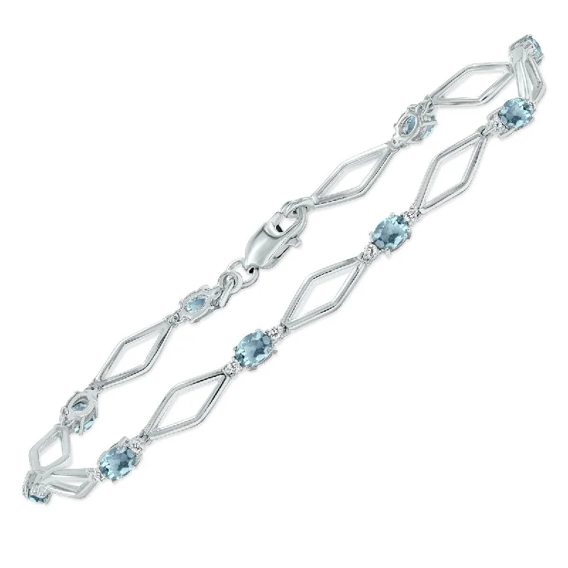 Marquee Aquamarine and Natural Diamond Star Link Bracelet in .925 Sterling Silver