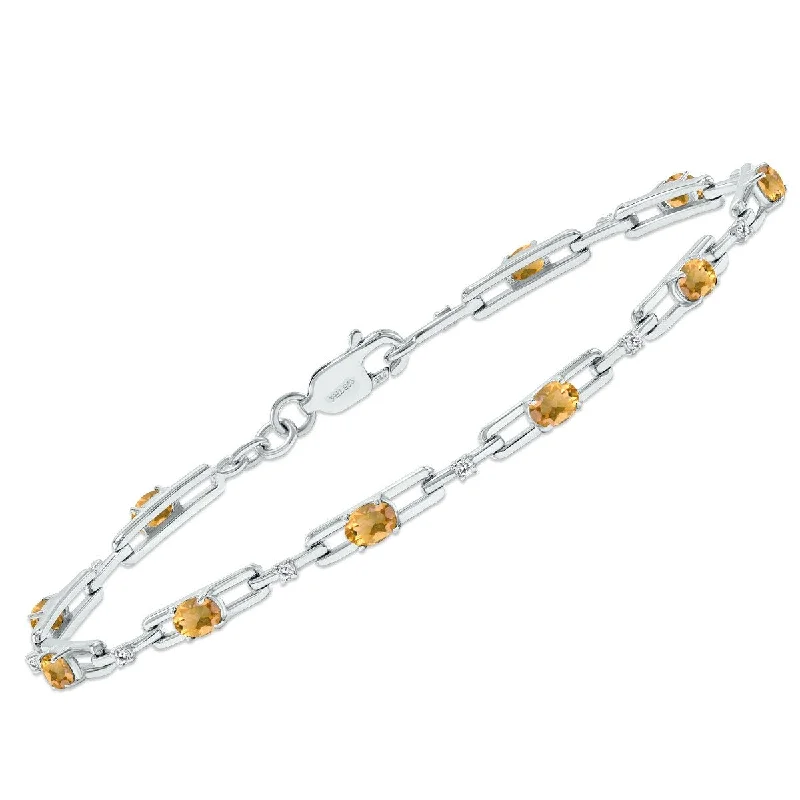 Marquee Citrine and Natural Diamond Double Bar Link Bracelet in .925 Sterling Silver