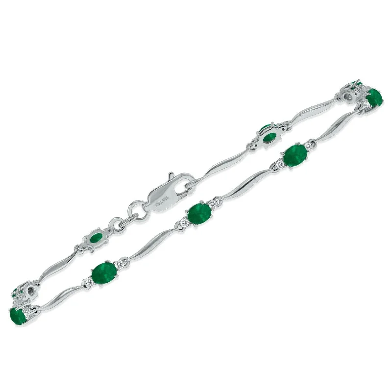 Marquee Emerald and Diamond Wave Link Bracelet in .925 Sterling Silver