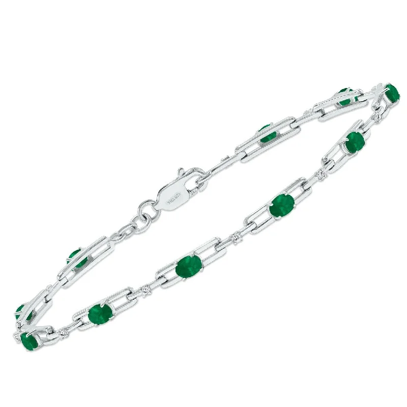 Marquee Emerald and Natural Diamond Double Bar Link Bracelet in .925 Sterling Silver