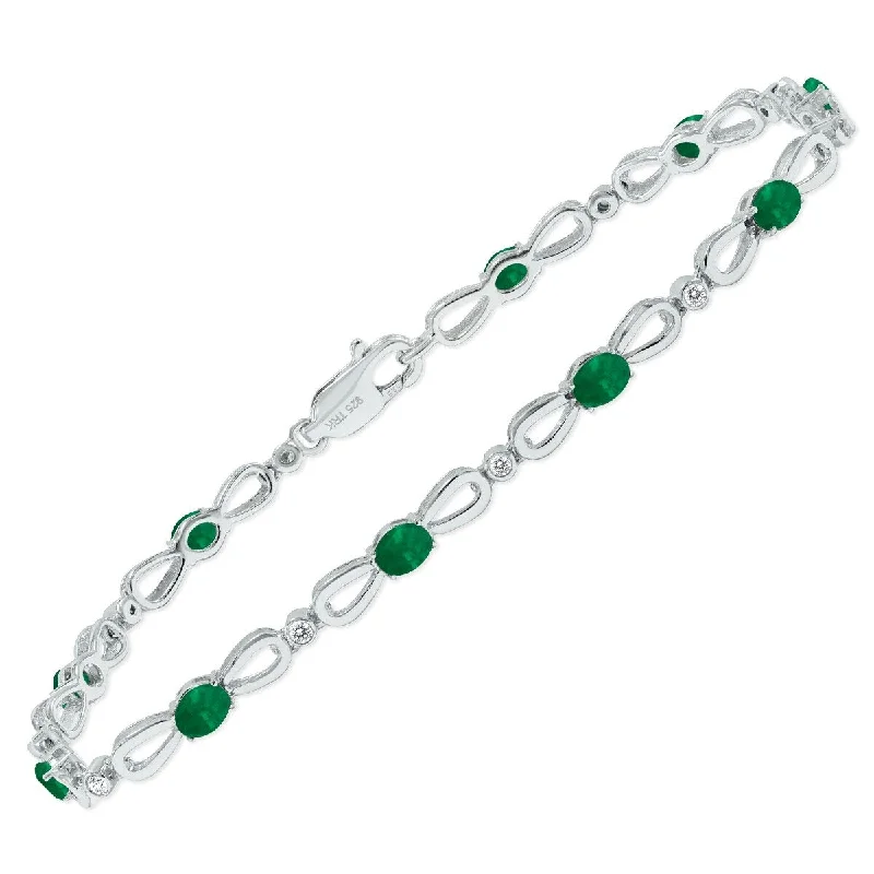 Marquee Emerald and Natural Diamond Ribbon Loop Bracelet in .925 Sterling Silver