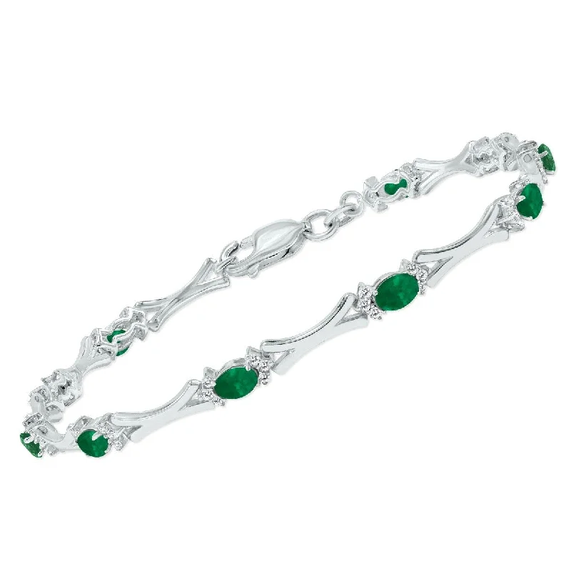 Marquee Emerald and Natural Diamond Sculpted X Link Bracelet in .925 Sterling Silver