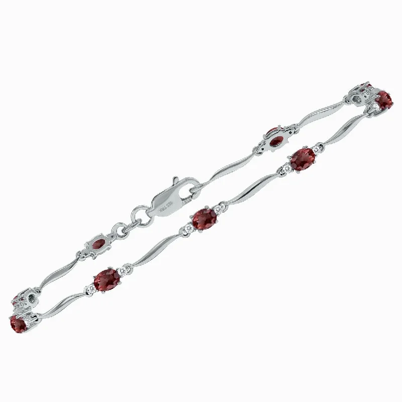 Marquee Garnet and Diamond Wave Link Bracelet in .925 Sterling Silver