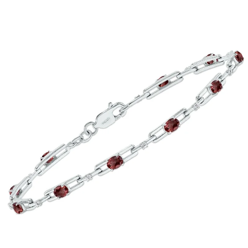 Marquee Garnet and Natural Diamond Double Bar Link Bracelet in .925 Sterling Silver