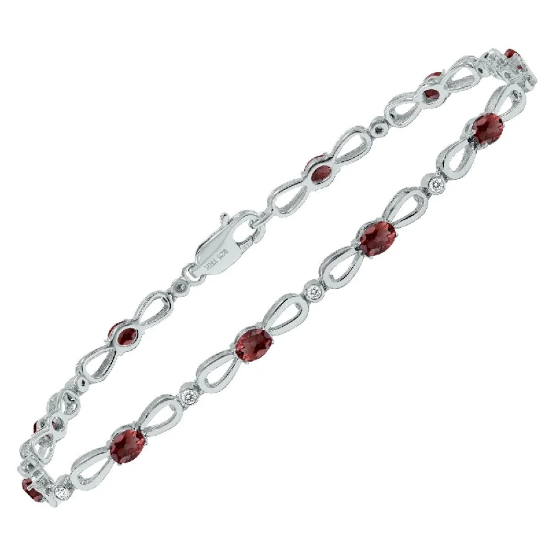 Marquee Garnet and Natural Diamond Ribbon Loop Bracelet in .925 Sterling Silver