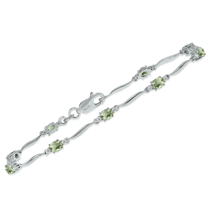 Marquee Green Amethyst and Diamond Wave Link Bracelet in .925 Sterling Silver