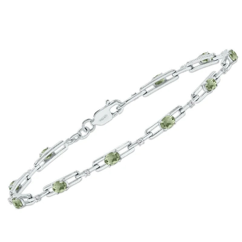 Marquee Green Amethyst and Natural Diamond Double Bar Link Bracelet in .925 Sterling Silver