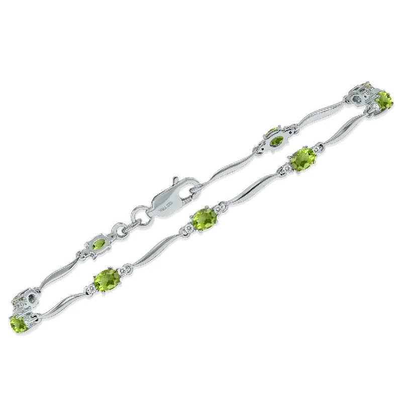 Marquee Peridot and Diamond Wave Link Bracelet in .925 Sterling Silver