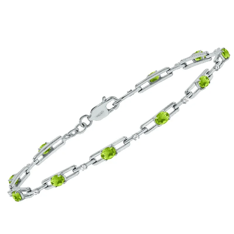 Marquee Peridot and Natural Diamond Double Bar Link Bracelet in .925 Sterling Silver