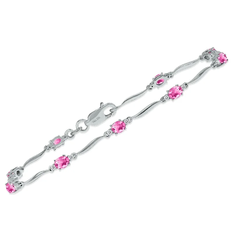 Marquee Pink Topaz and Diamond Wave Link Bracelet in .925 Sterling Silver