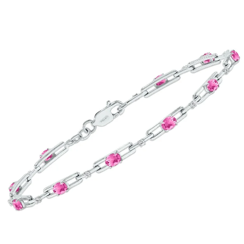 Marquee Pink Topaz and Natural Diamond Double Bar Link Bracelet in .925 Sterling Silver