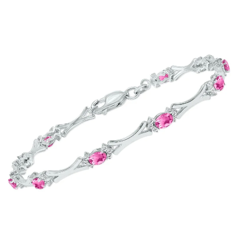 Marquee Pink Topaz and Natural Diamond Sculpted X Link Bracelet in .925 Sterling Silver