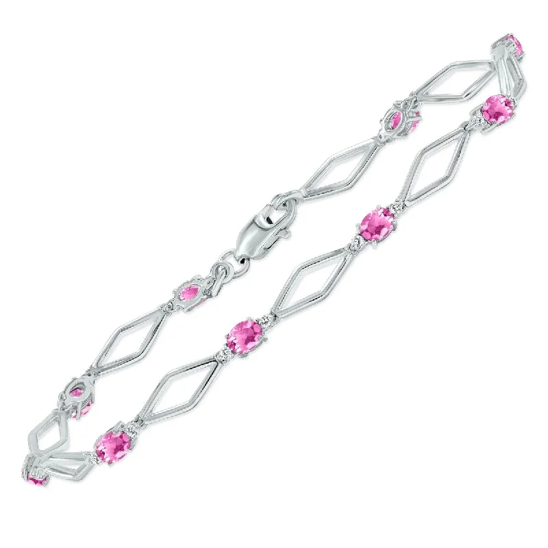 Marquee Pink Topaz and Natural Diamond Star Link Bracelet in .925 Sterling Silver