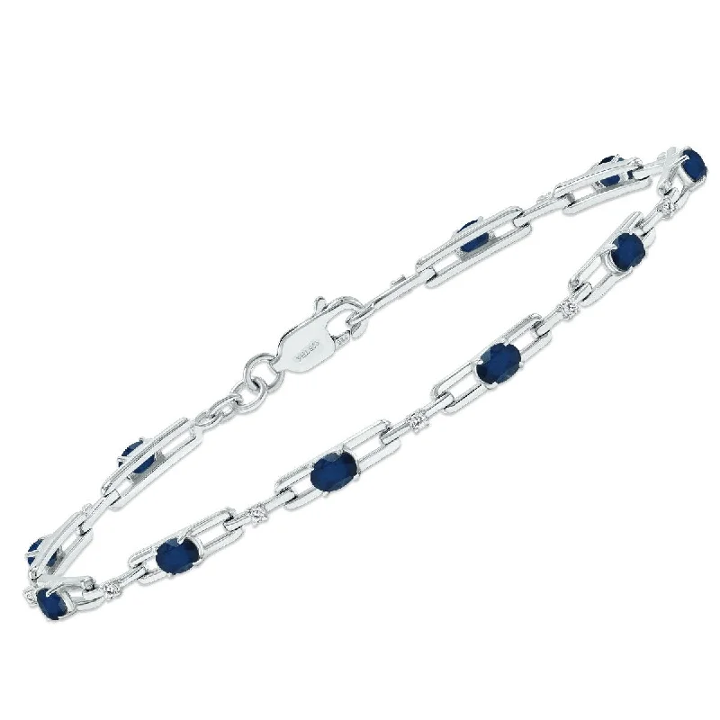 Marquee Sapphire and Natural Diamond Double Bar Link Bracelet in .925 Sterling Silver