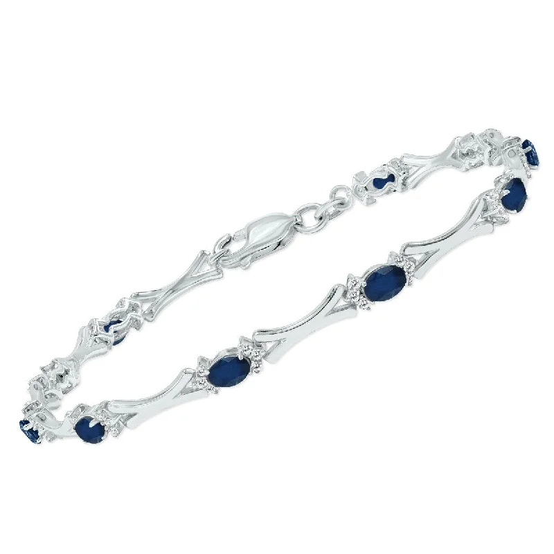 Marquee Sapphire and Natural Diamond Sculpted X Link Bracelet in .925 Sterling Silver