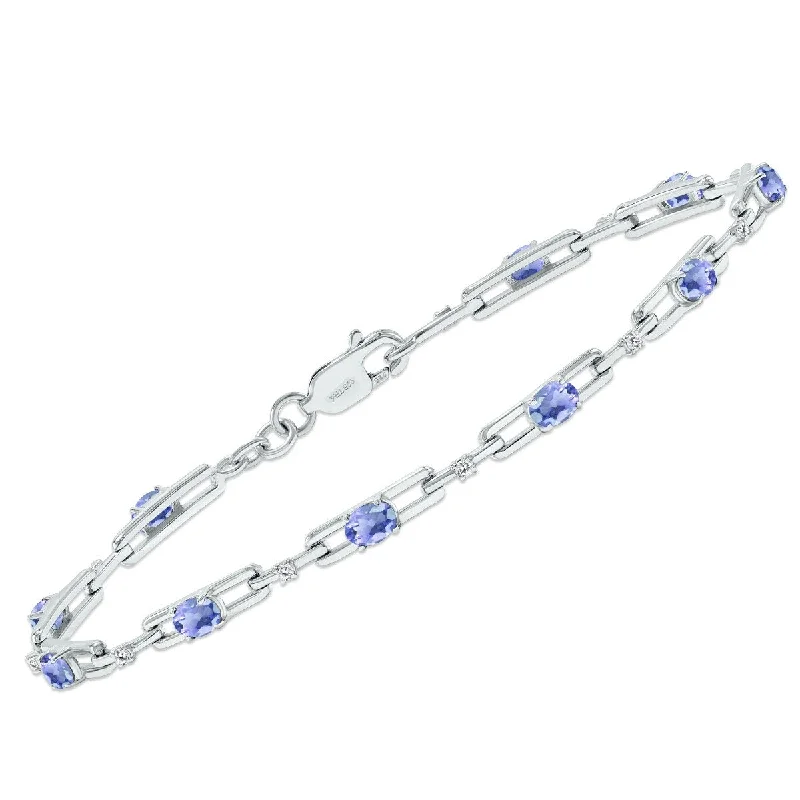 Marquee Tanzanite and Natural Diamond Double Bar Link Bracelet in .925 Sterling Silver