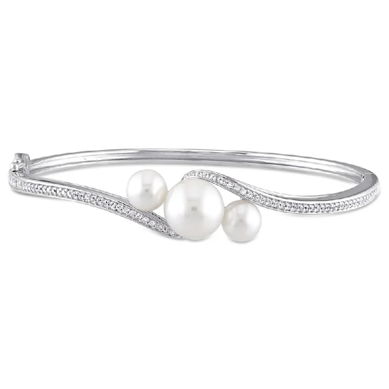 Miadora Sterling Silver Cultured Freshwater Pearl & Created White Sapphire 3-Stone Bypass Bangle (9-9.5 mm)