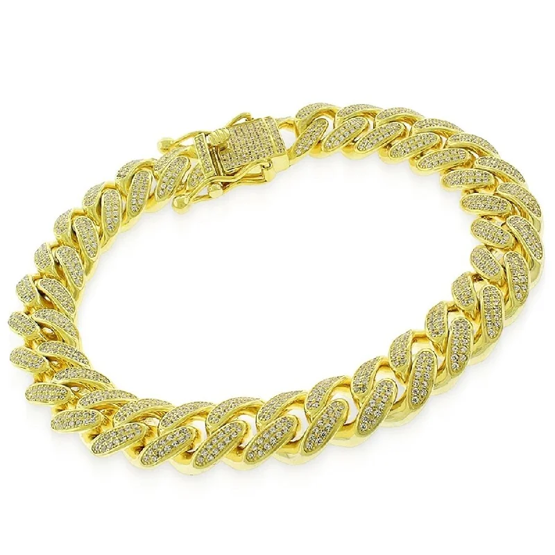 Sterling Silver 12mm Iced Out CZ Miami Cuban Solid 925 Yellow Gold Bling Bracelet Chain 9"