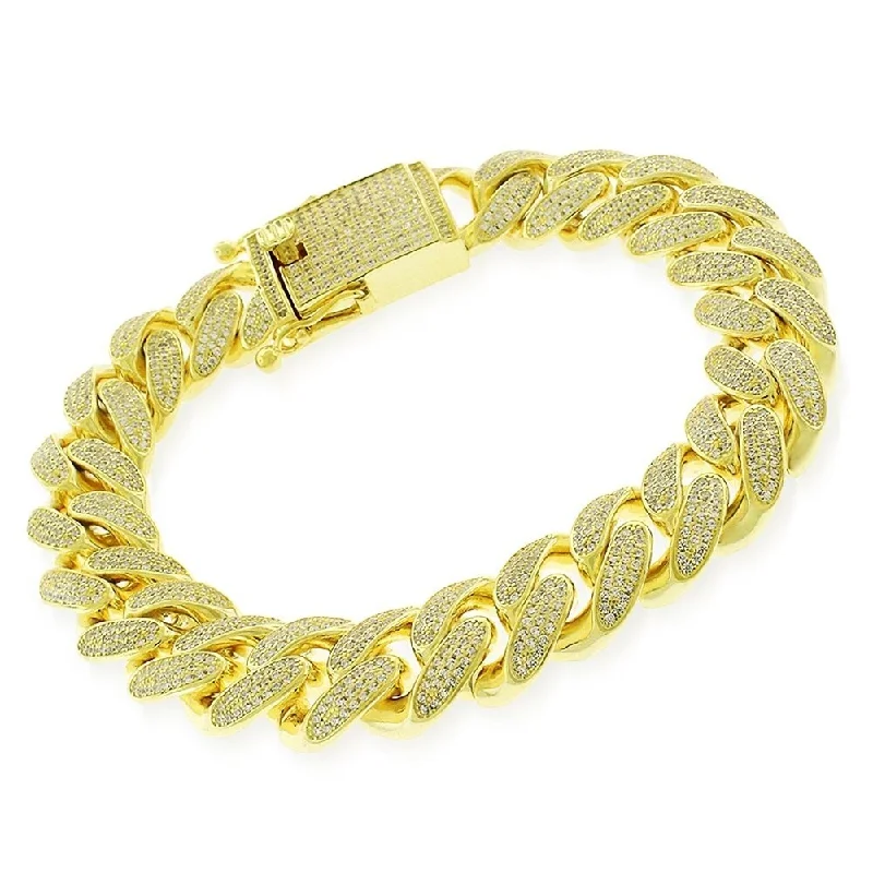 Sterling Silver 14mm Iced Out CZ Miami Cuban Solid 925 Yellow Gold Bling Bracelet Chain 9"