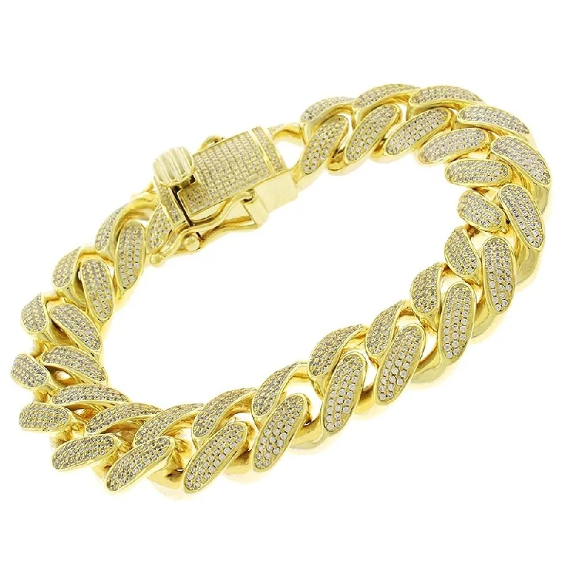 Sterling Silver 15.5mm Iced Out CZ Miami Cuban Solid 925 Yellow Gold Bling Bracelet Chain 8.5"